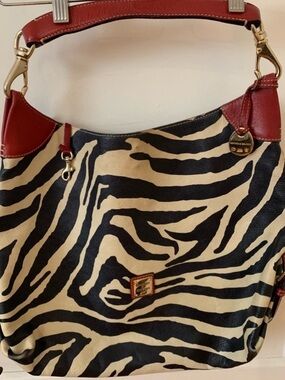 Dooney & Bourke Zebra Print Leather Hobo Bag with Red Trim